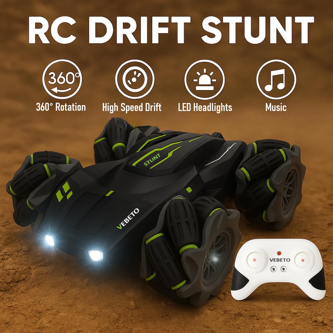 vebeto remote control drift stunt car toy | 1 year warranty | 4x4 rc car for kids & adult | high speed racing car | omni directional wheels | 360° rotation | double sided driving | rgb lights music vebeto remote control drift stunt car toy | 1 year warranty | 4x4 rc car for kids & adult | high speed racing car | omni directional wheels | 360° rotation | double sided driving | rgb lights music